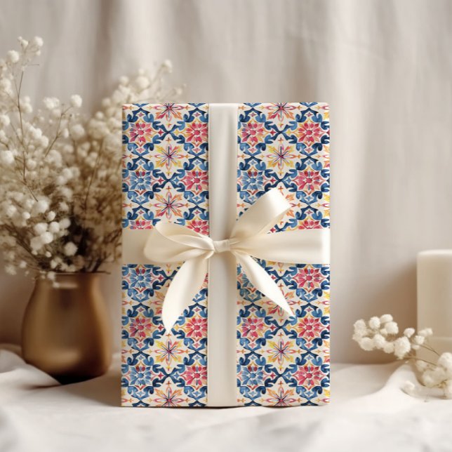 Papel de embrulho com azulejos gregos do Mediterrâ (Criador carregado)