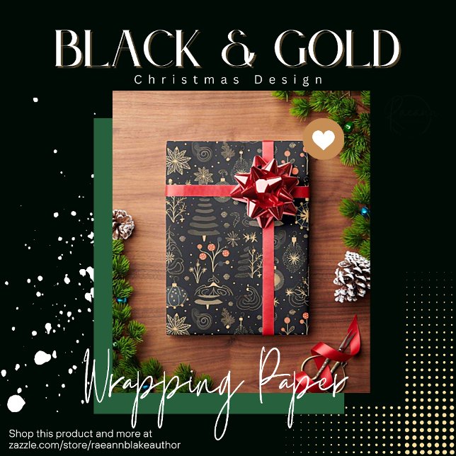 Papel de embrulho com design de Natal preto e dour (Criador carregado)