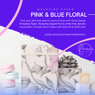 Papel de embrulho com design floral rosa e azul