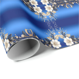 Papel de embrulho com enfeite floral branco azul