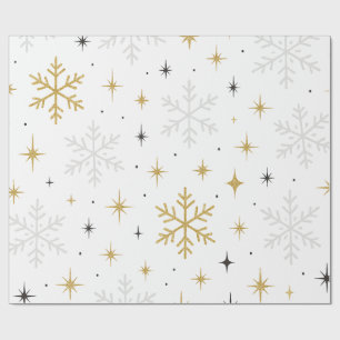 Papel de embrulho com flocos de neve dourados e br