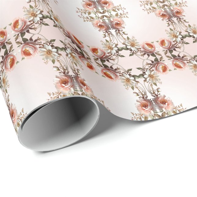 Papel de embrulho com flores decorativas rosa e br (Ponta do rolo)