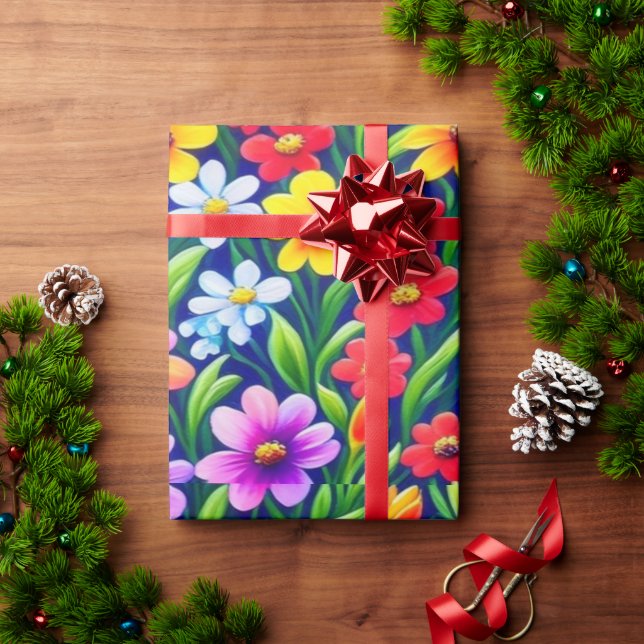 Papel de embrulho com flores vivas e coloridas (Presente de Natal)