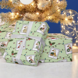 Papel de embrulho com gansos de Natal desenhados à
