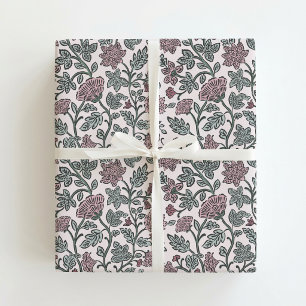 Papel de embrulho com impressão floral rosa e verd