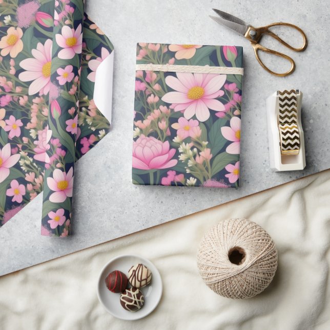 Papel de embrulho com lindas flores cor-de-rosa (Artesanato)