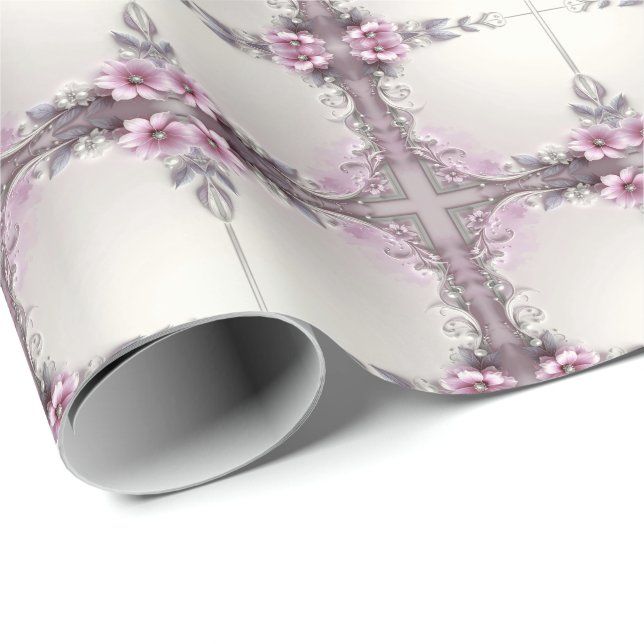 Papel de embrulho com moldura floral rosa (Ponta do rolo)
