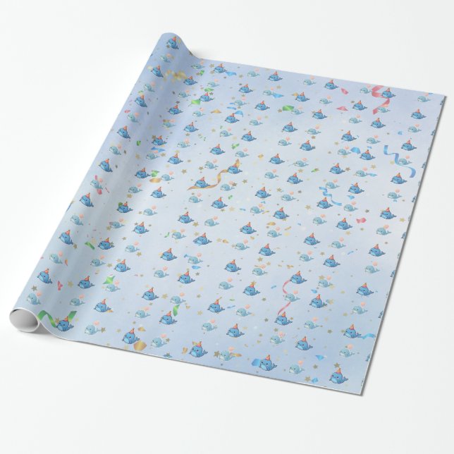 Papel de embrulho com padrão de baleia azul para f (Desenrolado)