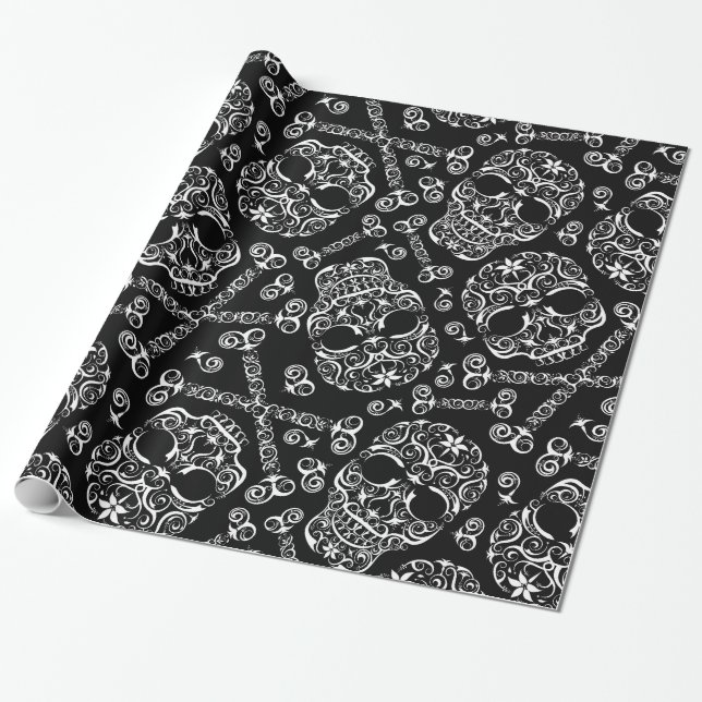Papel de embrulho com padrão de caveira e ossos re (Desenrolado)