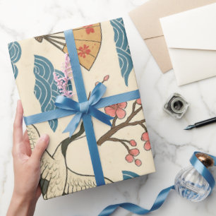 Papel de embrulho com padrão de grou japonês e sak