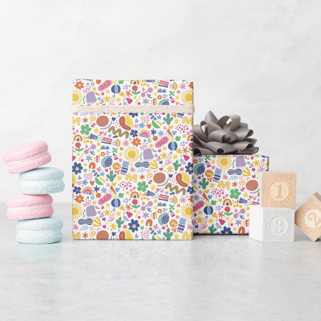 Papel de embrulho com padrão de rabiscos retrô fun (Chá de bebê)