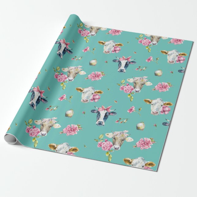 Papel de embrulho com padrão de vacas e trevo (Desenrolado)