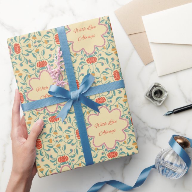Papel de embrulho com padrão floral Com amor sempr (Presentear)