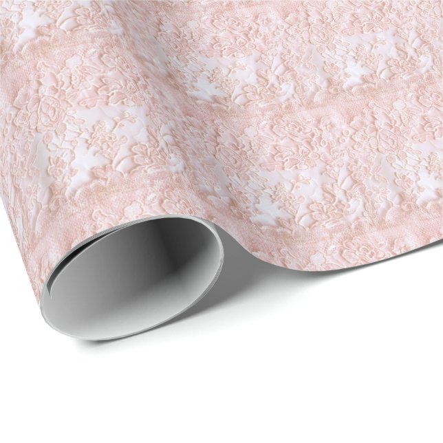 Papel de embrulho Coquette rosa vintage em renda (Ponta do rolo)