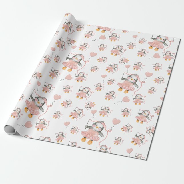 Papel de embrulho cor-de-rosa Ballerina Penguin (Desenrolado)