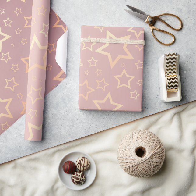 Papel de embrulho cor-de-rosa das estrelas ouros (Artesanato)