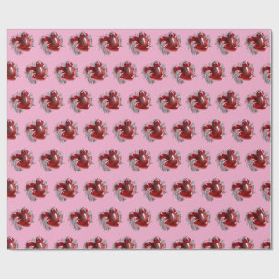 Papel de embrulho coração vermelho em fundo rosa a