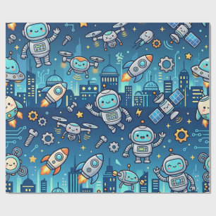 Papel de embrulho da cidade do robô fofo