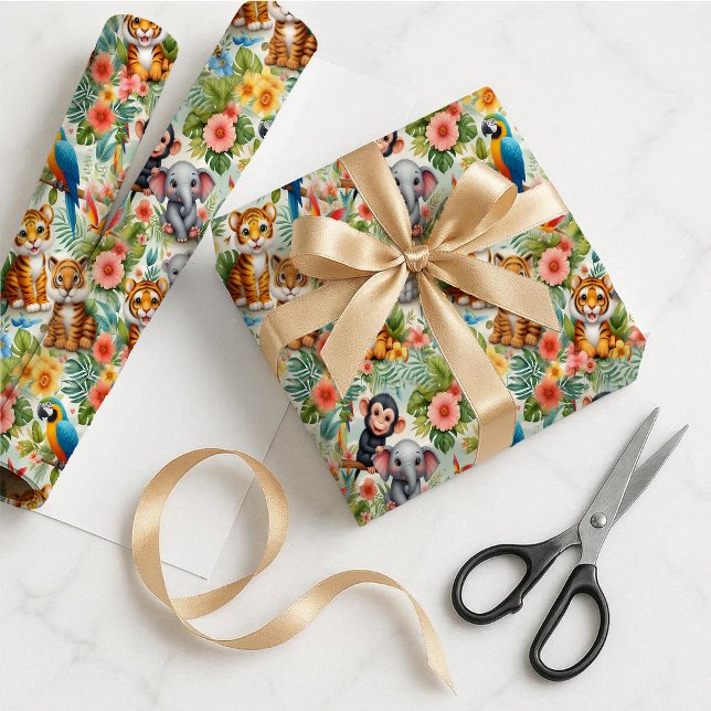 Papel de embrulho de animais da selva bebê tropica (Baby Jungle Animals Tropical Gift Wrapping Paper)