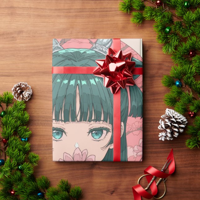 Papel de embrulho de anime fofa abraçando gato pre (Presente de Natal)