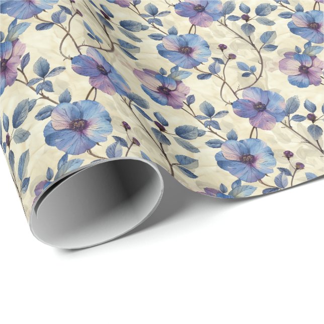 Papel de embrulho de aniversário floral azul e rox (Ponta do rolo)