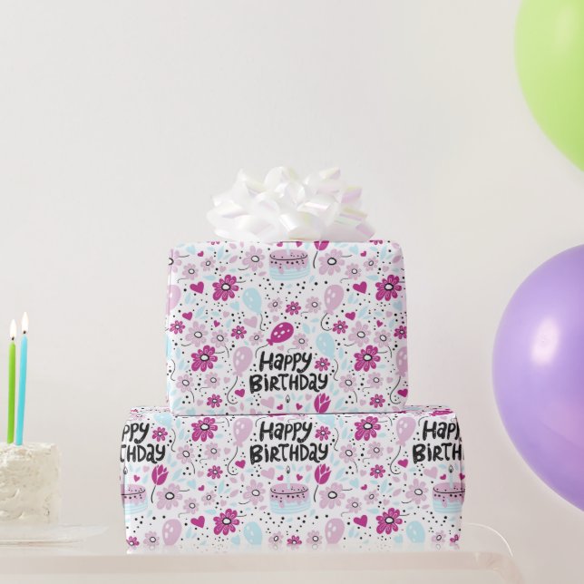 Papel de embrulho de aniversário floral roxo (Presentes para festas)