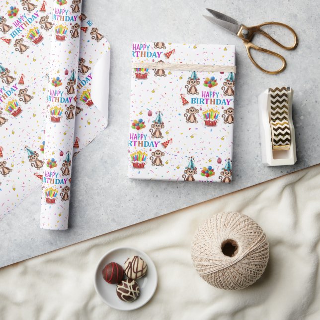 Papel de embrulho de aniversário Monkey Cupcake  (Artesanato)