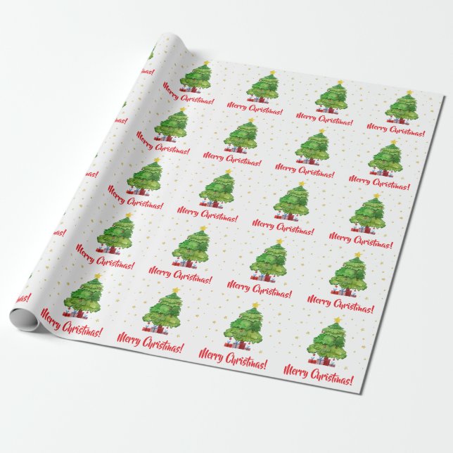 Papel de embrulho de árvore de Natal alegre vermel (Desenrolado)