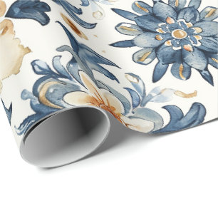 Papel de embrulho de azulejo floral azul e bege, a
