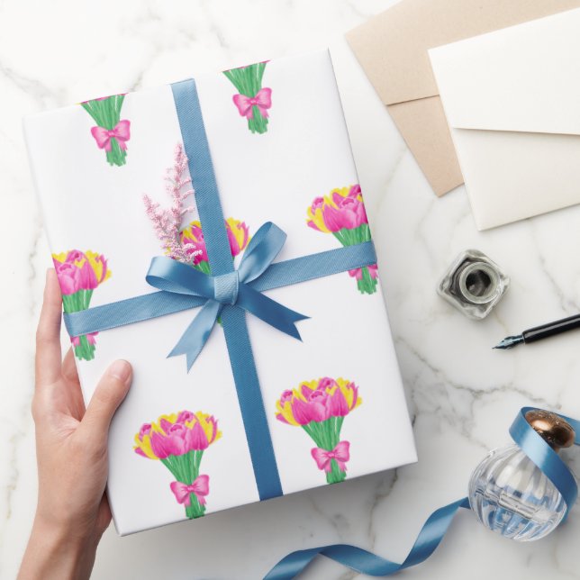 Papel de Embrulho de Buquê de Tulipas Rosa e Amare (Presentear)