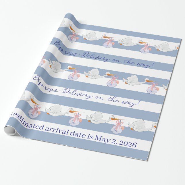Papel de embrulho de cegonha bebé azul e branco ri (Desenrolado)