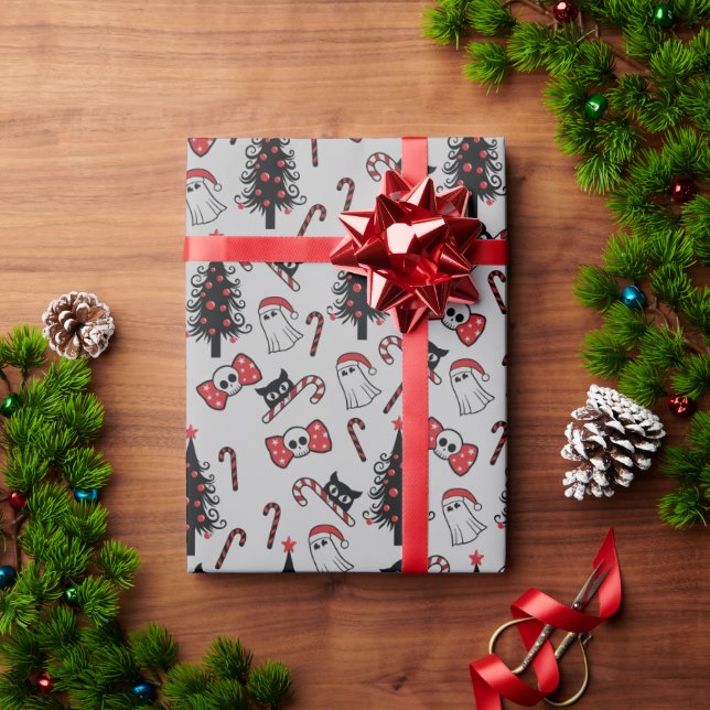 Papel de embrulho de crânio e de gato vampiro (Presente de Natal)
