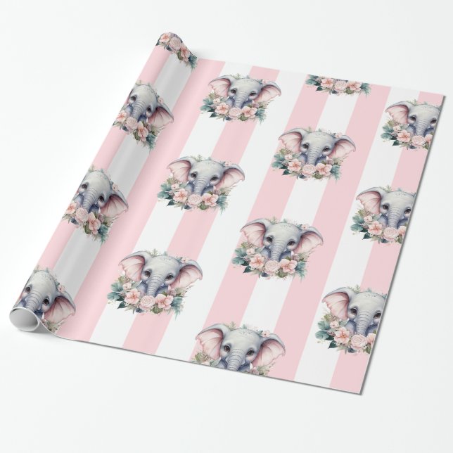 Papel de embrulho de elefante listra rosa e branco (Desenrolado)