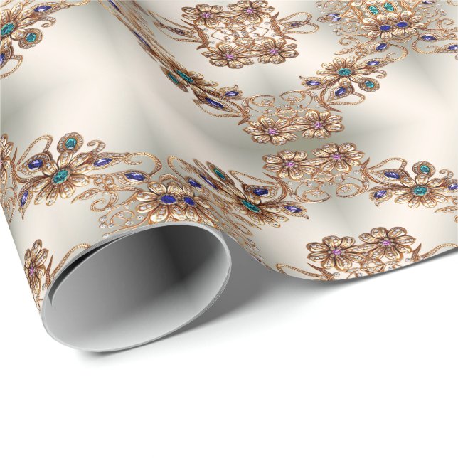 Papel de Embrulho de Flores de Joias Douradas Eleg (Ponta do rolo)