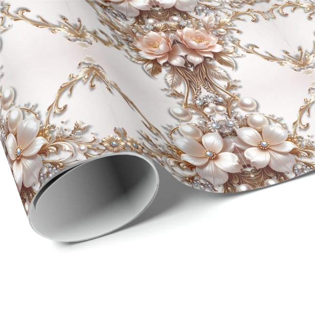 Papel de embrulho de flores rosa suave e branco (Ponta do rolo)