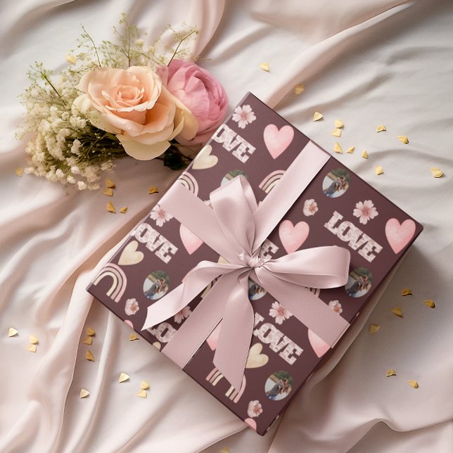 Papel de embrulho de foto Boho Rainbow Love (Celebrate your love with this personalized photo boho watercolor rainbow wrapping paper! )