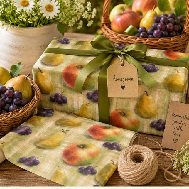 Papel de Embrulho de Frutas Casa de Campo Maçã Pêr (Orchard harvest gift wrap for homemade gifts, preserves, baking, and kitchen gifting.)