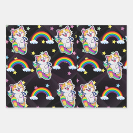 Papel de embrulho de gato bonito Arco-íris e estaa