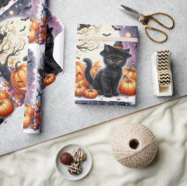 Papel de embrulho de Halloween de gatinho preto fo
