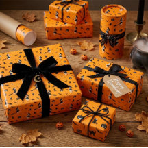 Papel de embrulho de Halloween laranja com bruxas