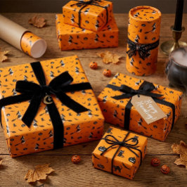 Papel de embrulho de Halloween laranja com bruxas