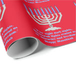 Papel de embrulho de Hanukkah<br><div class="desc">Uma mensagem de texto: "Por oito noites escuras,  luzes do menorah lembre-nos dos milagre e da liberdade." e um menorah de prata e azul. Papel do papel de embrulho para os feriados. Personalize-o.</div>