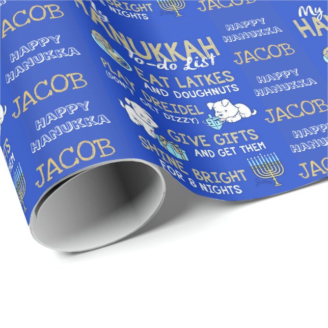 Papel de embrulho de Hanukkah com o nome da crianç (Ponta do rolo)