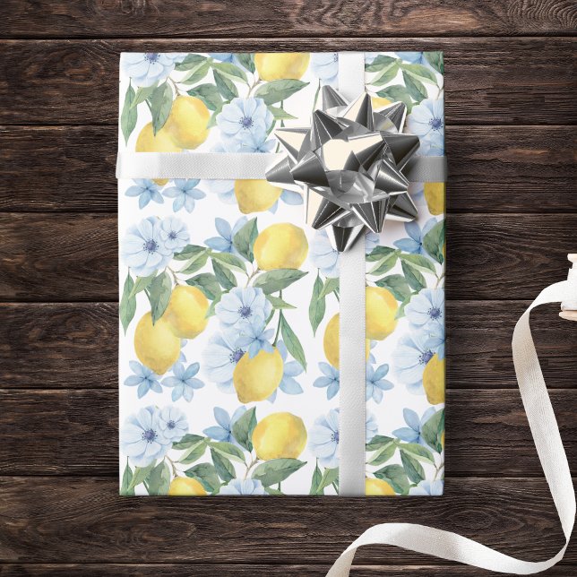Papel de embrulho de limão e flores em aquarela br (Watercolor Lemon & Blue Flower Gift Wrap for Baby Shower, Birthday or Main Squeeze Bridal Shower)