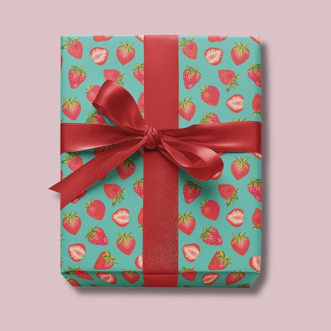 Papel de embrulho de morango em menta escura / Pap (Cute strawberry summer fruit wrapping paper, ideal for birthdays gift wrap.)