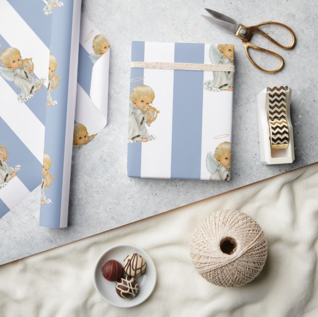 Papel de embrulho de Natal Anjo Bebê com Listra Az (Artesanato)