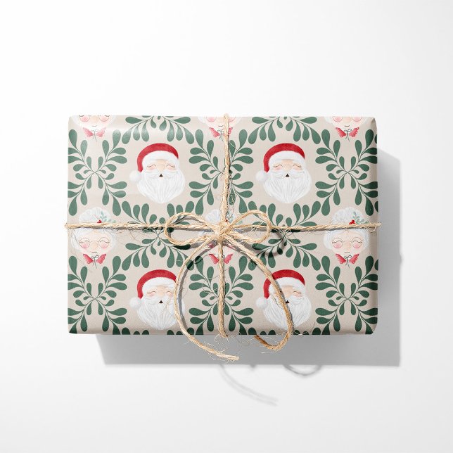 Papel de embrulho de Natal Beige Sr. e Sra. Claus (Criador carregado)