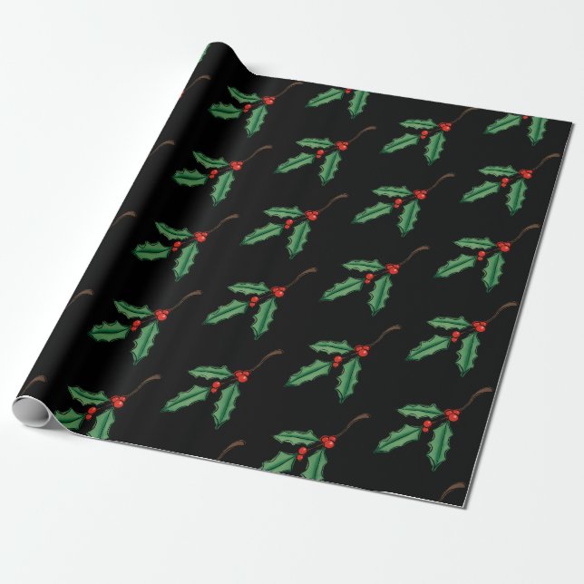 Papel de embrulho de Natal clássico com azevinho (Desenrolado)