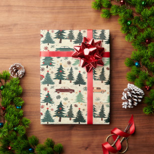 Papel de embrulho de Natal com árvores e carros