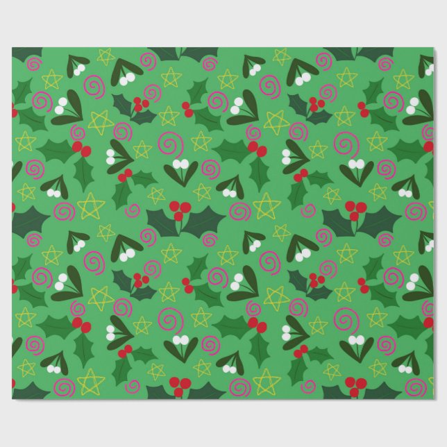 Papel de embrulho de Natal com azevinho e visco (Aberto)